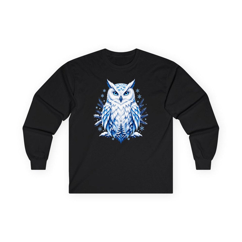 Blue Winter Snowy Owl personalised long sleeve Christmas T-shirt in black
