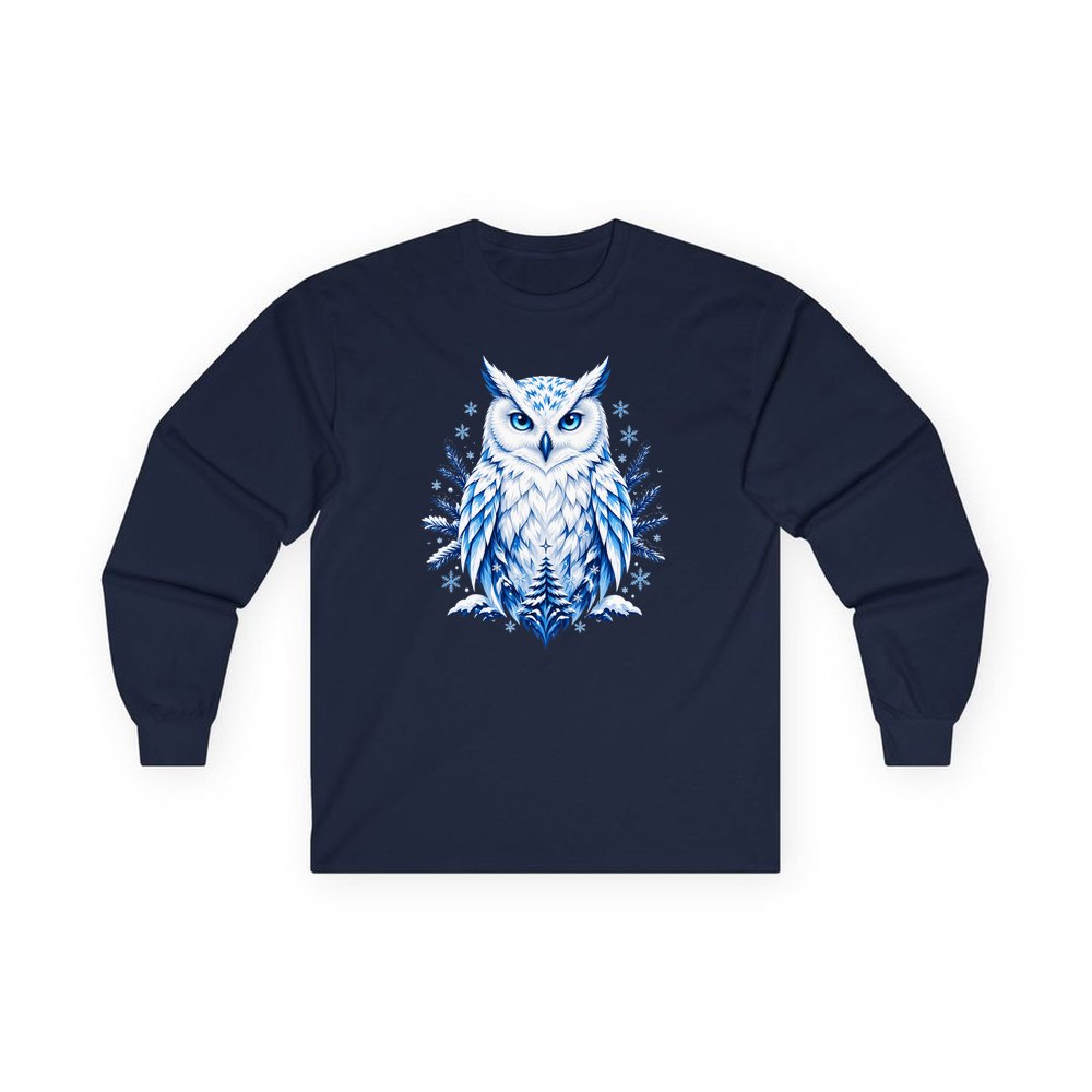 Blue Winter Snowy Owl personalised long sleeve Christmas T-shirt in navy