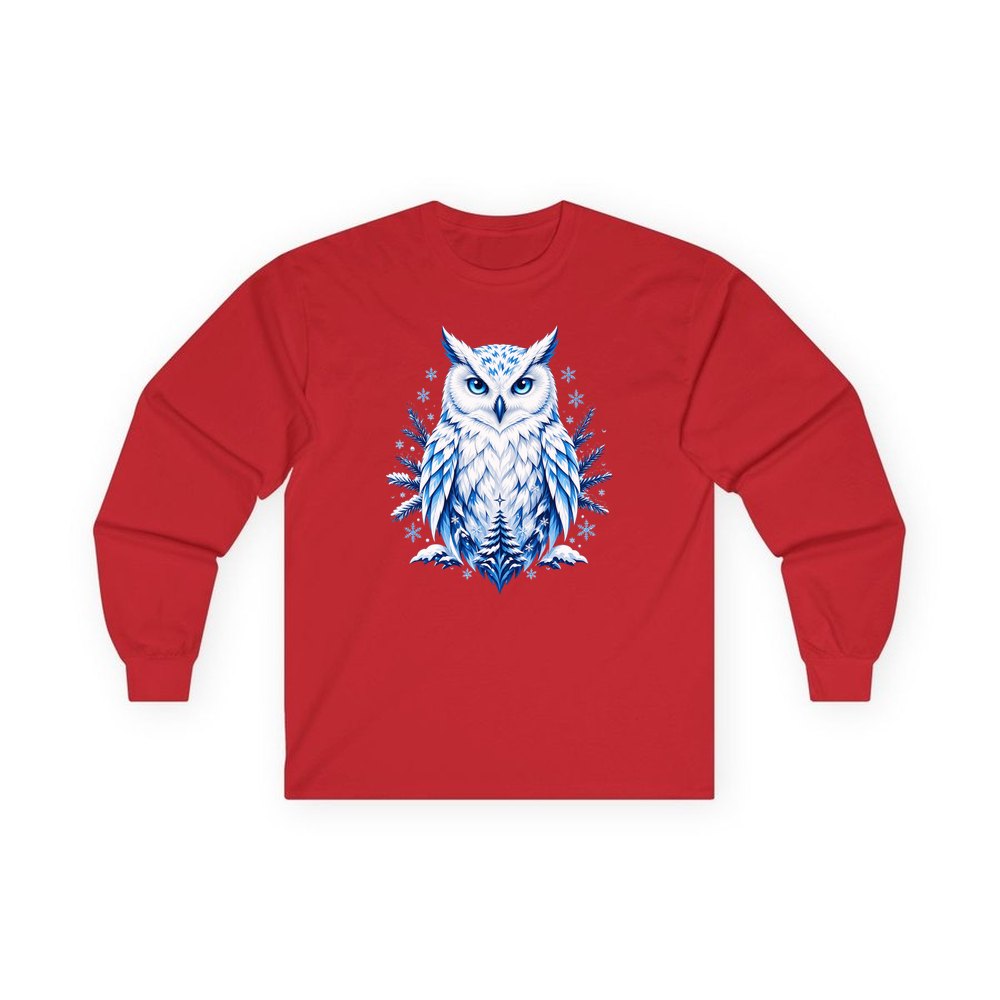 Blue Winter Snowy Owl personalised long sleeve Christmas T-shirt in red