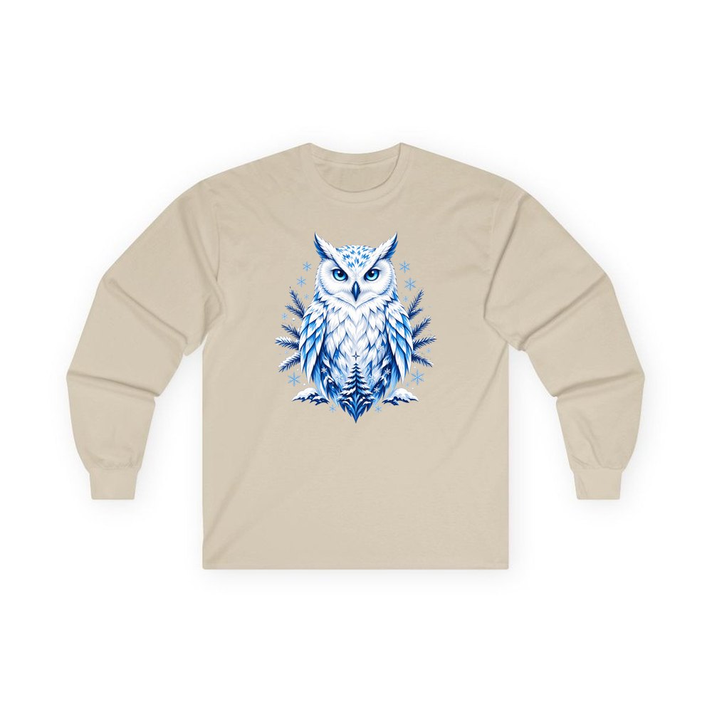 Blue Winter Snowy Owl personalised long sleeve Christmas T-shirt in sand