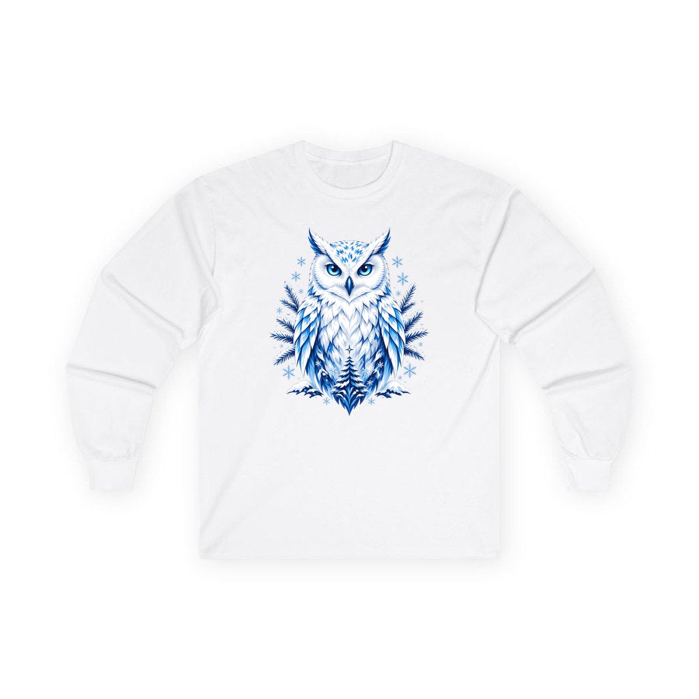 Blue Winter Snowy Owl personalised long sleeve Christmas T-shirt in white