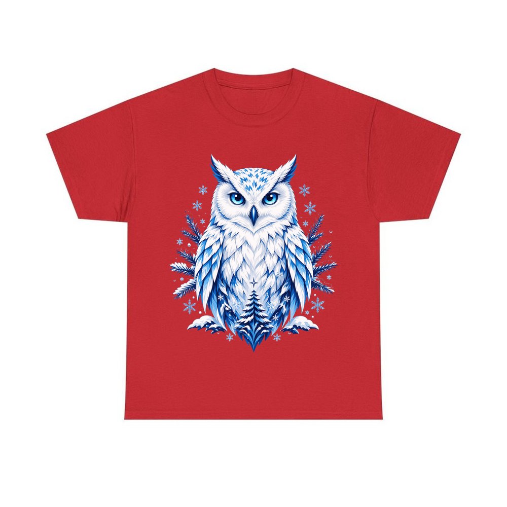 Blue Winter Snowy Owl personalised Christmas T-shirt in red