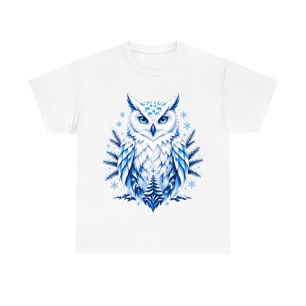Blue Winter Snowy Owl personalised Christmas T-shirt in white