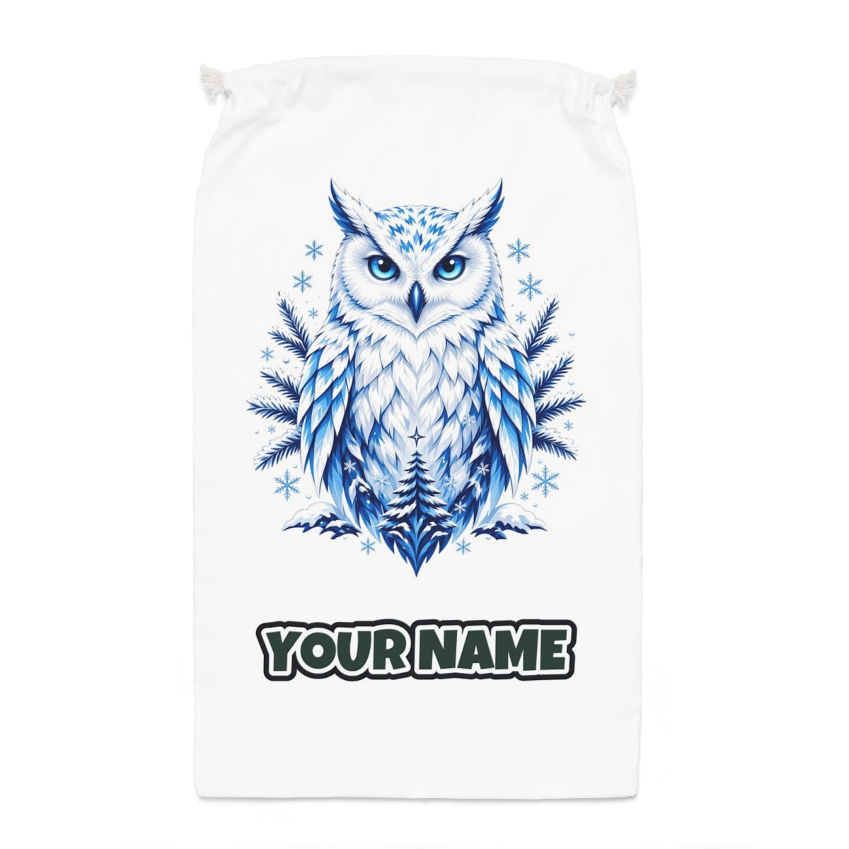 Blue Winter Snowy Owl Santa sack laid flat, showing the full print