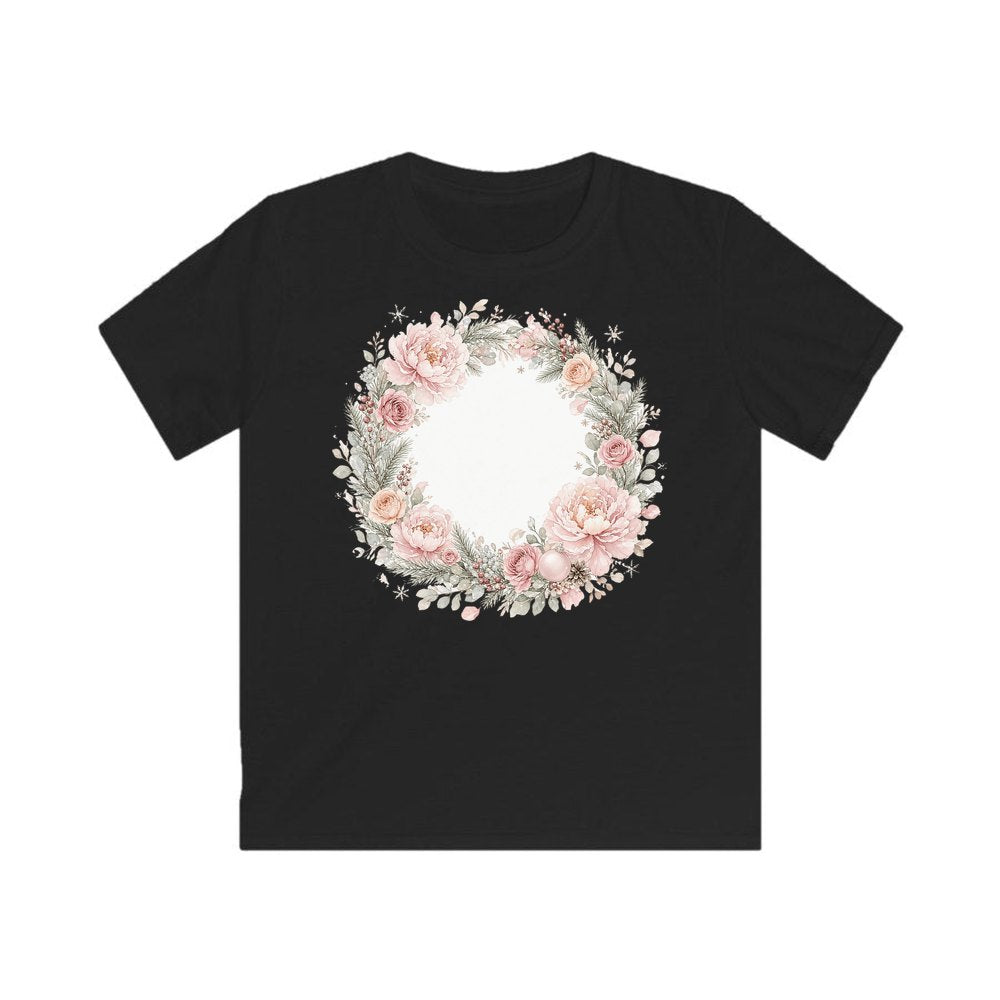 Blush Floral Christmas Wreath personalised kids Christmas tee in black