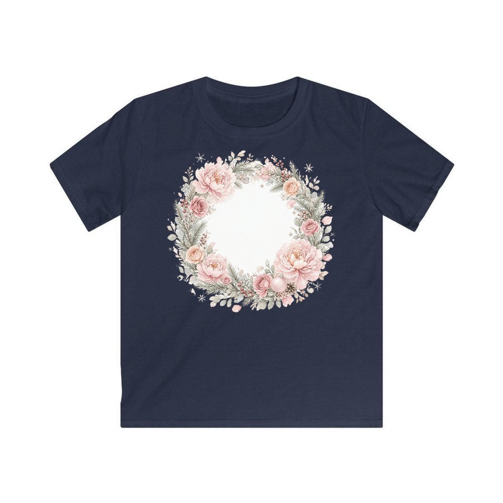 Blush Floral Christmas Wreath personalised kids Christmas tee in navy
