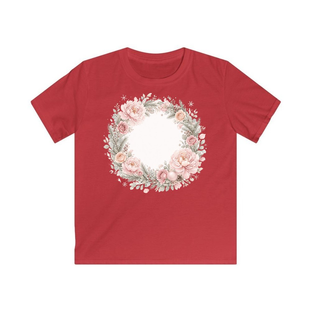 Blush Floral Christmas Wreath personalised kids Christmas tee in red