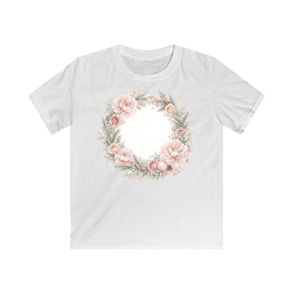 Blush Floral Christmas Wreath personalised kids Christmas tee in white
