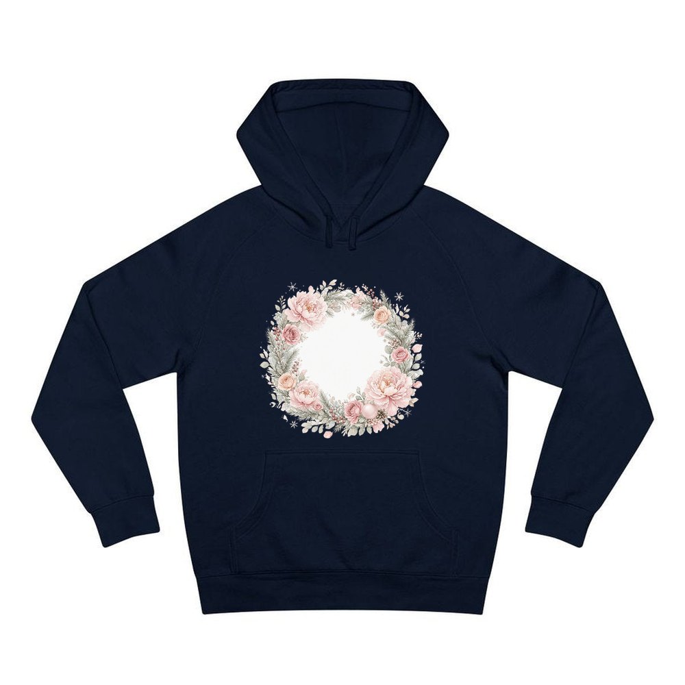 Blush Floral Christmas Wreath personalised Christmas hoodie in navy