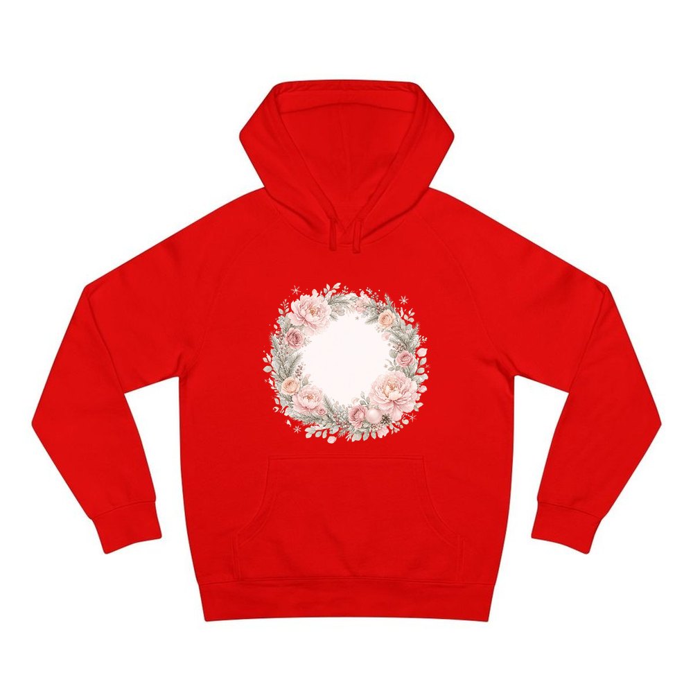 Blush Floral Christmas Wreath personalised Christmas hoodie in red