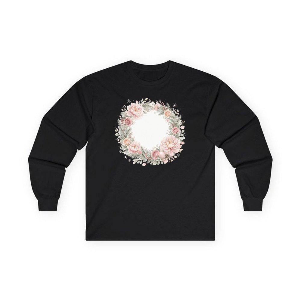 Blush Floral Christmas Wreath personalised long sleeve Christmas T-shirt in black