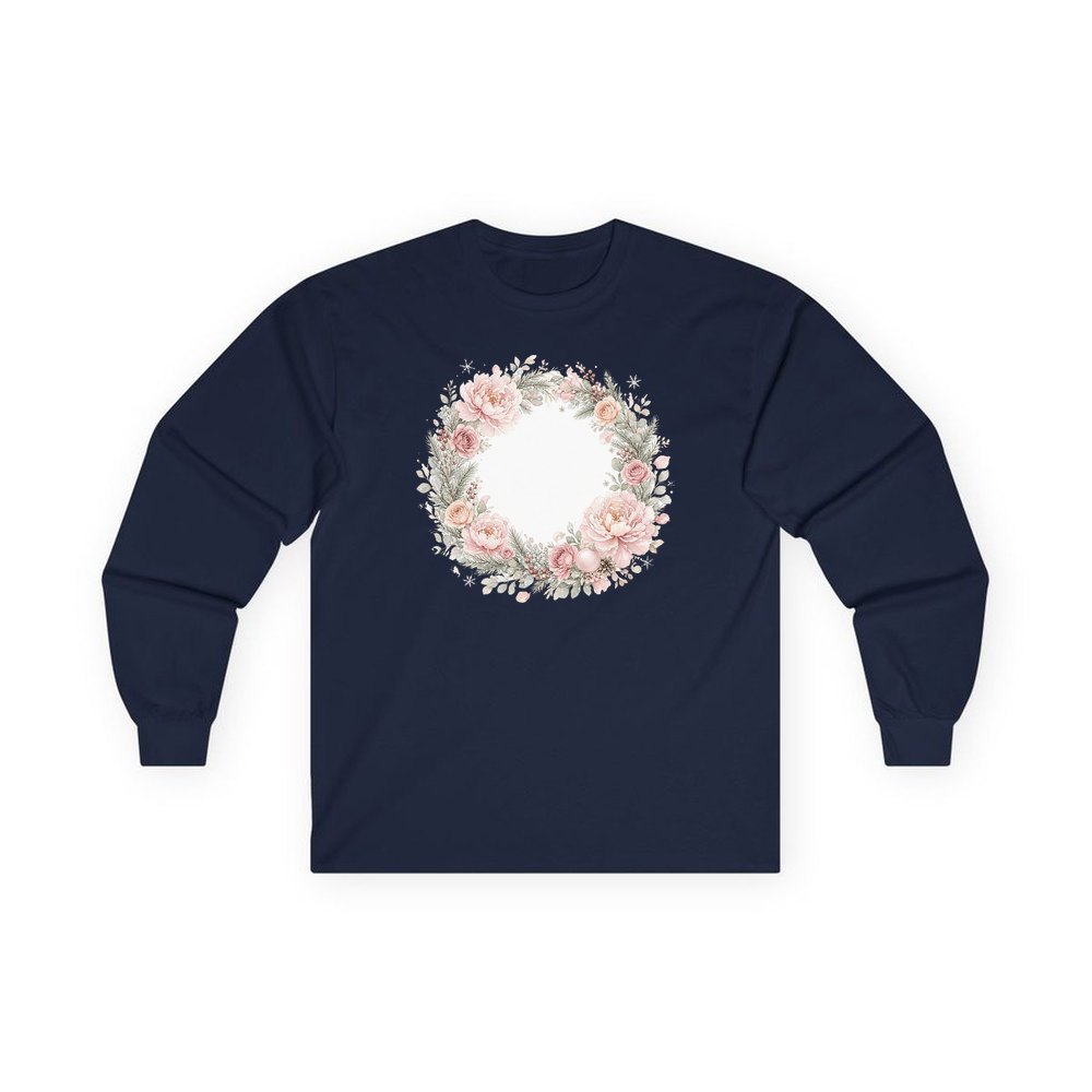 Blush Floral Christmas Wreath personalised long sleeve Christmas T-shirt in navy