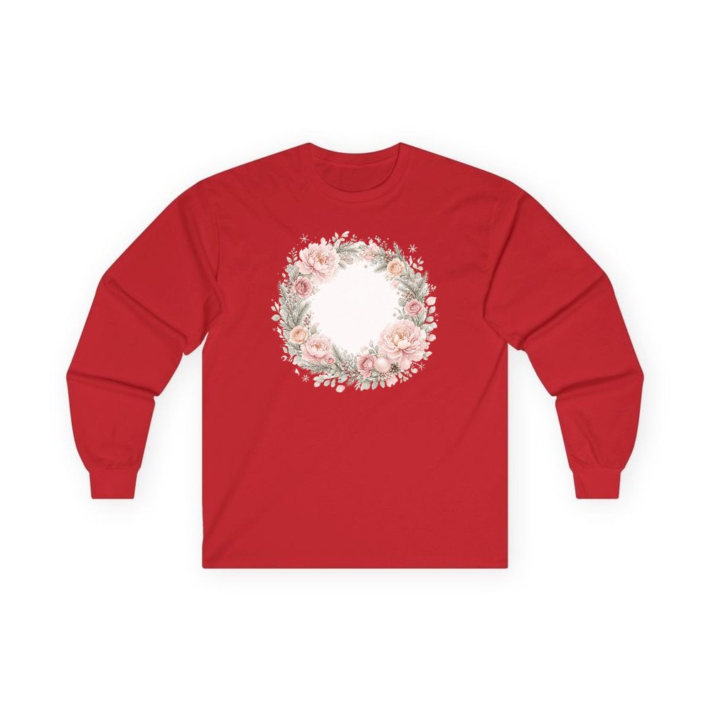 Blush Floral Christmas Wreath personalised long sleeve Christmas T-shirt in red