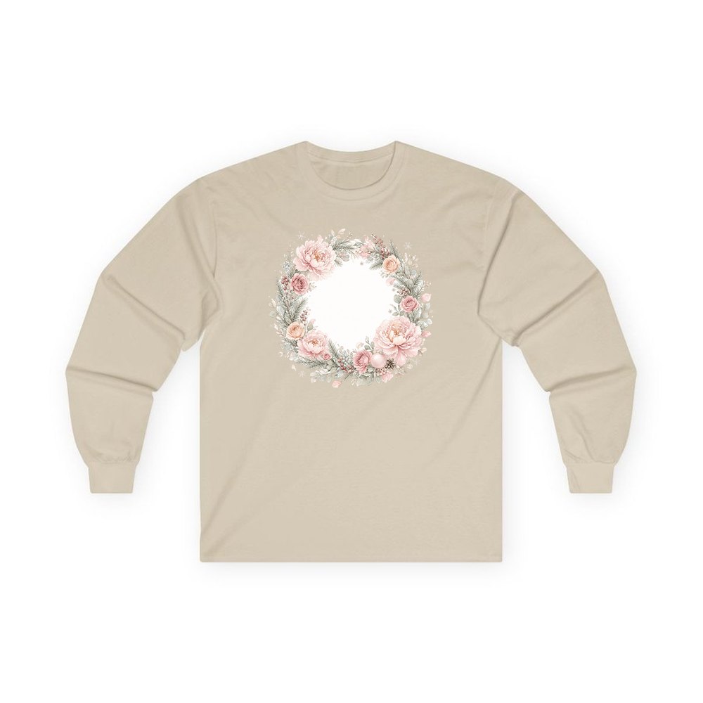 Blush Floral Christmas Wreath personalised long sleeve Christmas T-shirt in sand