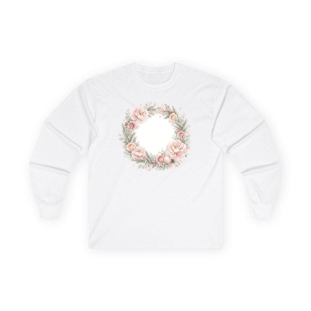 Blush Floral Christmas Wreath personalised long sleeve Christmas T-shirt in white