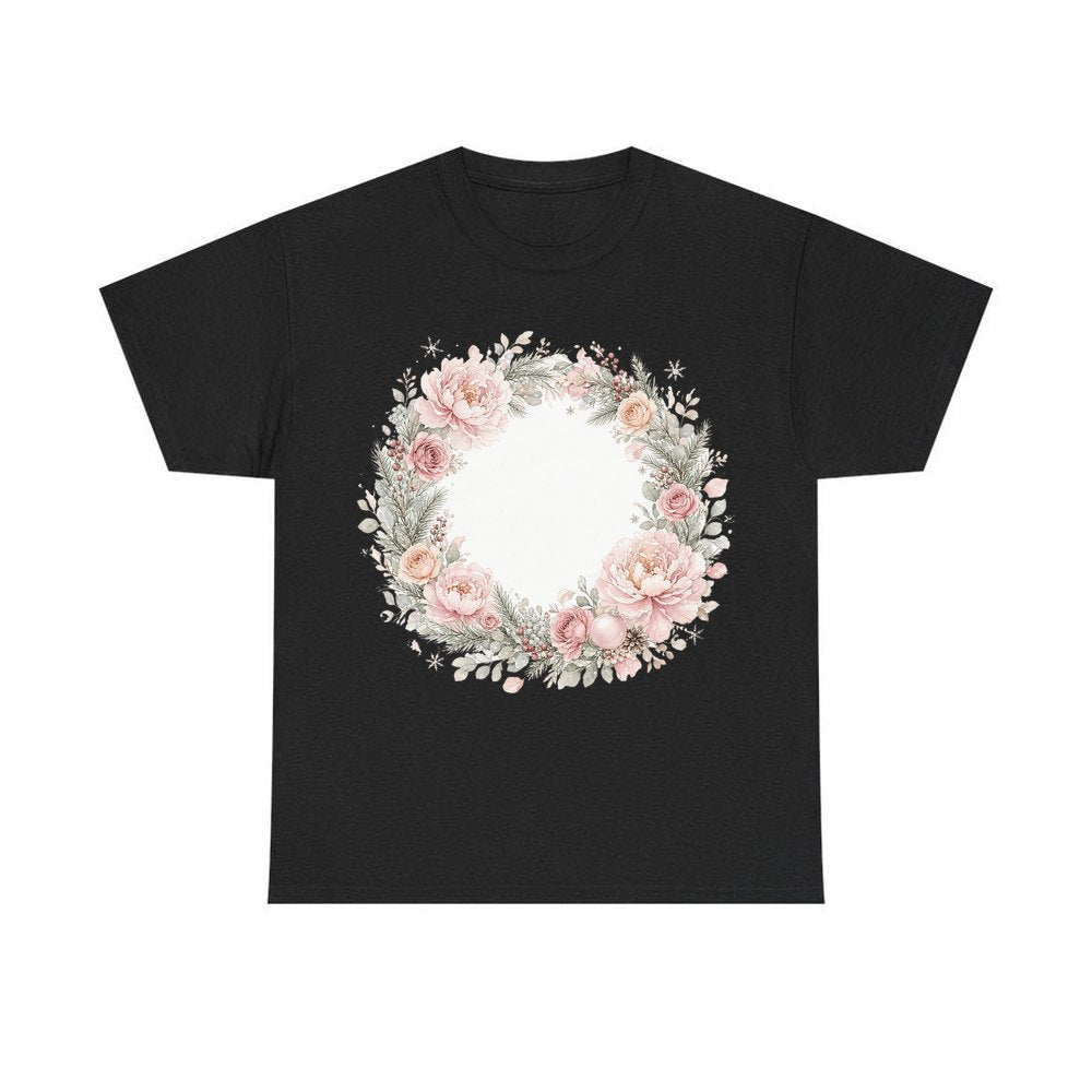 Blush Floral Christmas Wreath personalised Christmas T-shirt in black