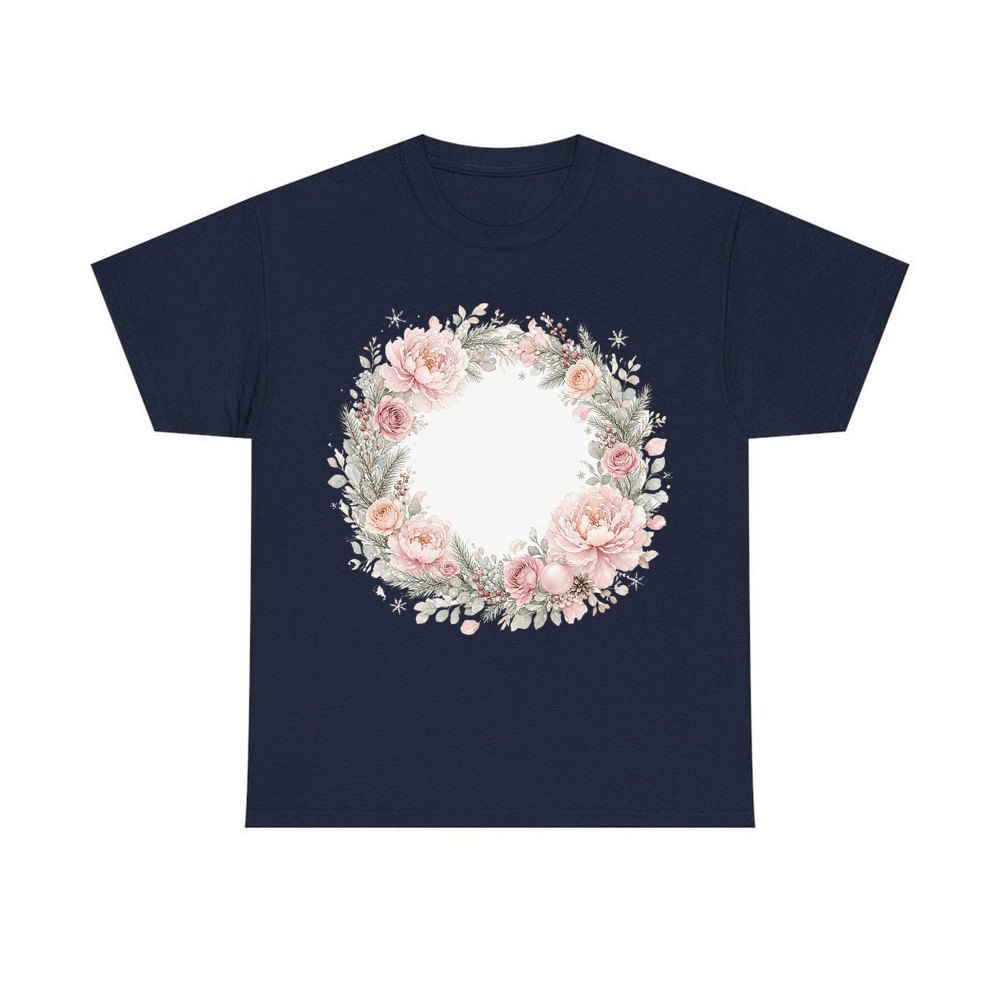Blush Floral Christmas Wreath personalised Christmas T-shirt in navy