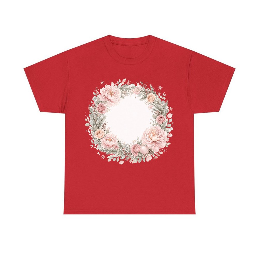 Blush Floral Christmas Wreath personalised Christmas T-shirt in red