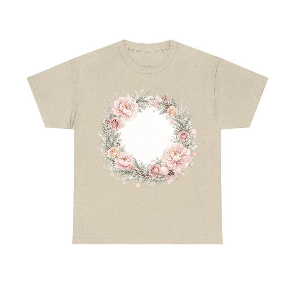 Blush Floral Christmas Wreath personalised Christmas T-shirt in sand