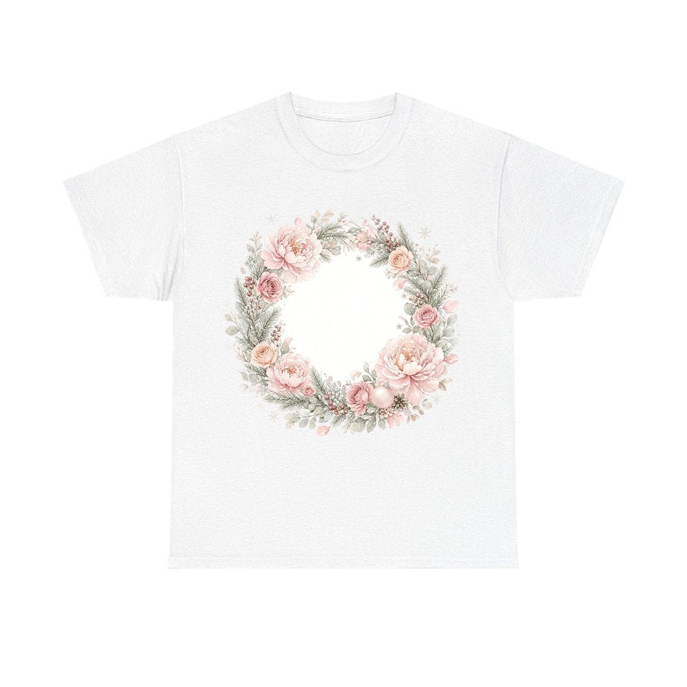 Blush Floral Christmas Wreath personalised Christmas T-shirt in white