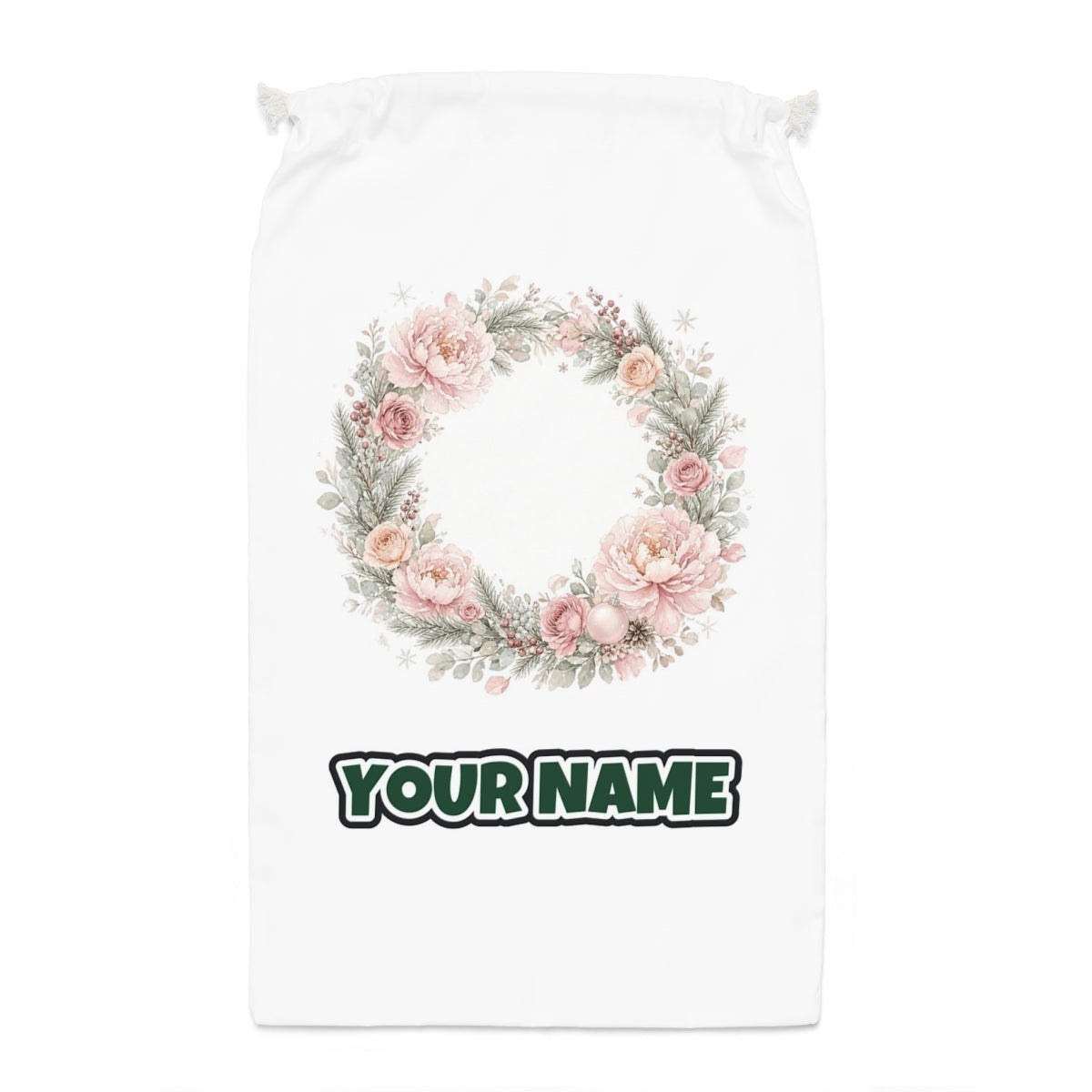 Blush Floral Christmas Wreath Santa sack laid flat, showing the full print