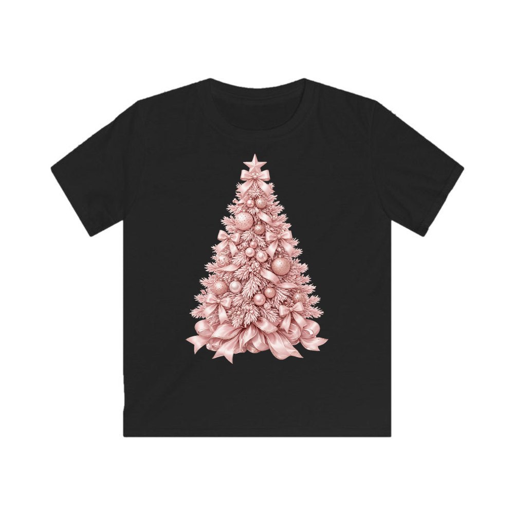 Blush Pink Christmas Tree personalised kids Christmas tee in black