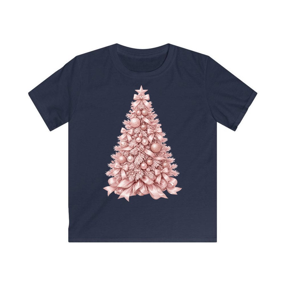 Blush Pink Christmas Tree personalised kids Christmas tee in navy