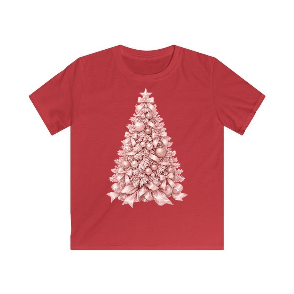 Blush Pink Christmas Tree personalised kids Christmas tee in red