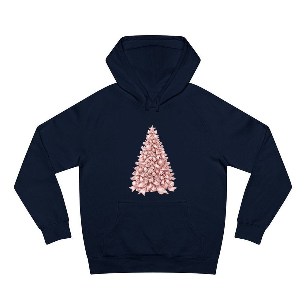 Blush Pink Christmas Tree personalised Christmas hoodie in navy