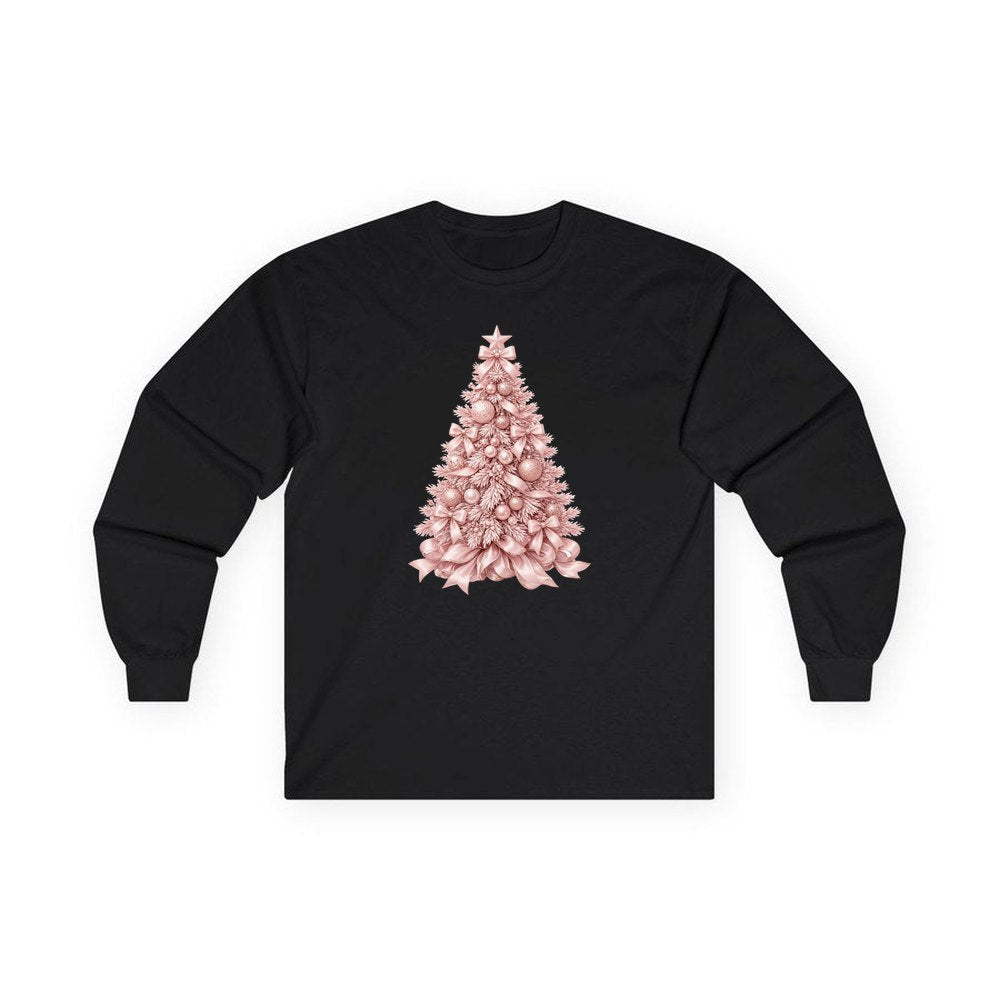 Blush Pink Christmas Tree personalised long sleeve Christmas T-shirt in black
