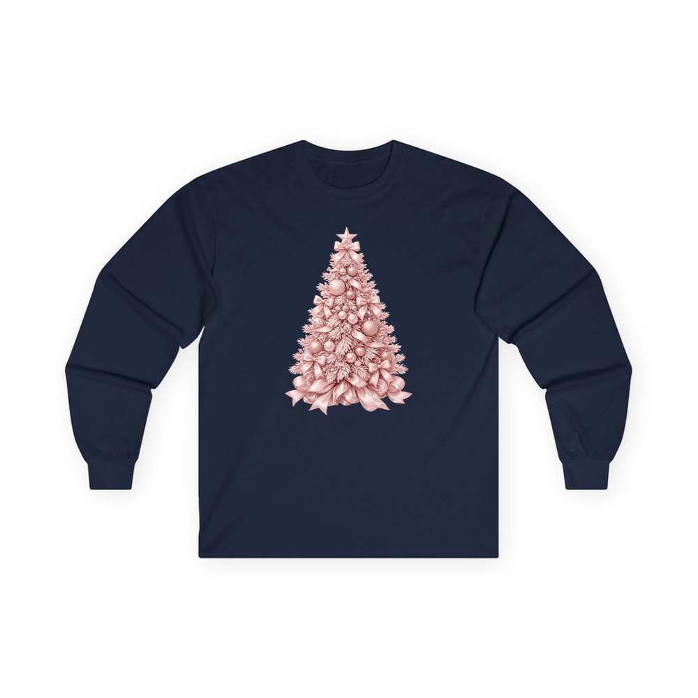 Blush Pink Christmas Tree personalised long sleeve Christmas T-shirt in navy