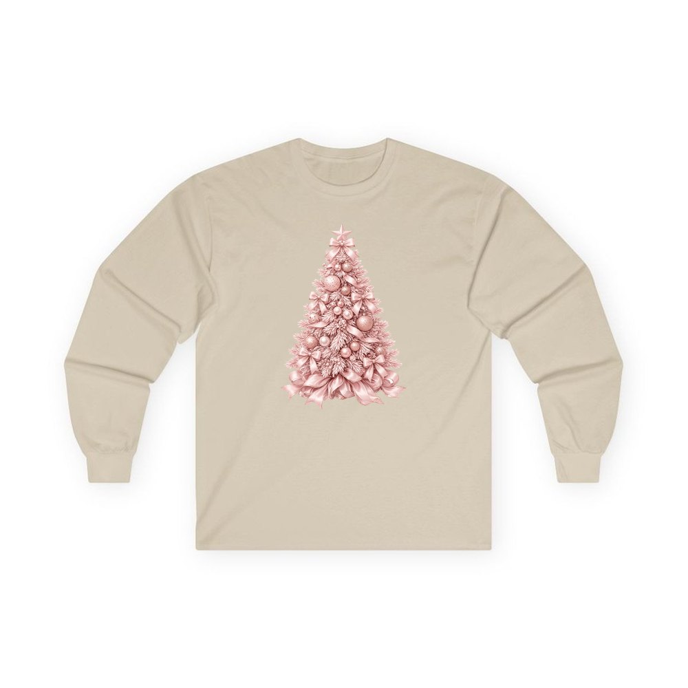 Blush Pink Christmas Tree personalised long sleeve Christmas T-shirt in sand