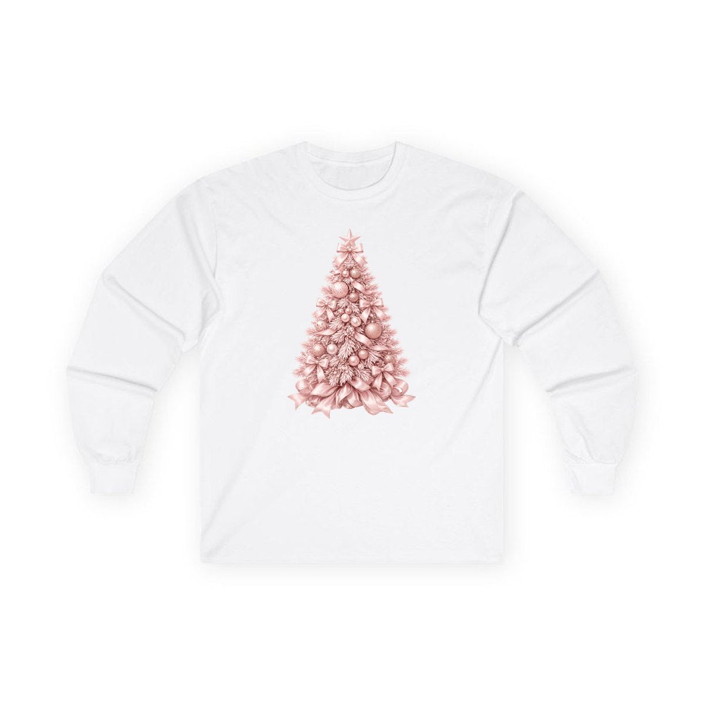 Blush Pink Christmas Tree personalised long sleeve Christmas T-shirt in white