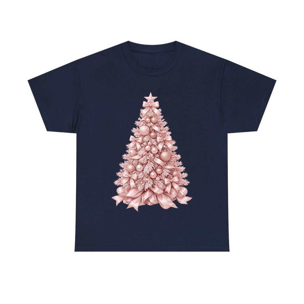 Blush Pink Christmas Tree personalised Christmas T-shirt in navy
