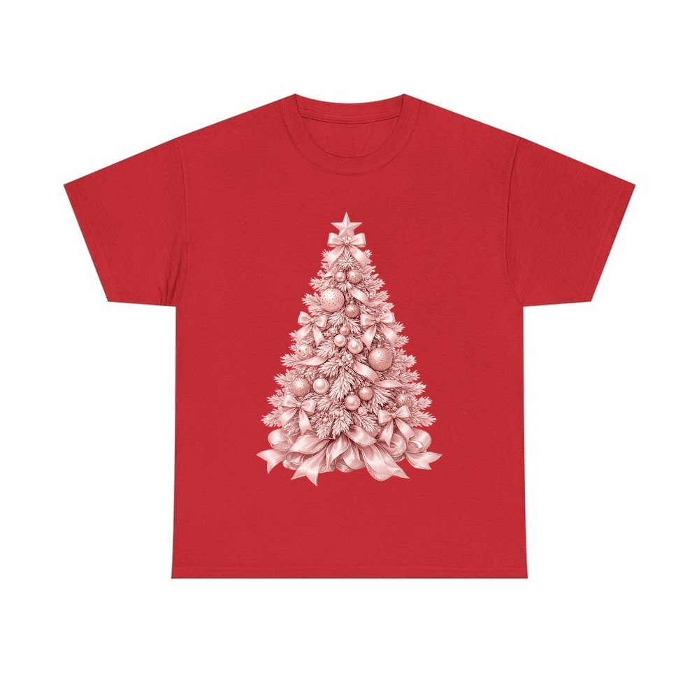 Blush Pink Christmas Tree personalised Christmas T-shirt in red