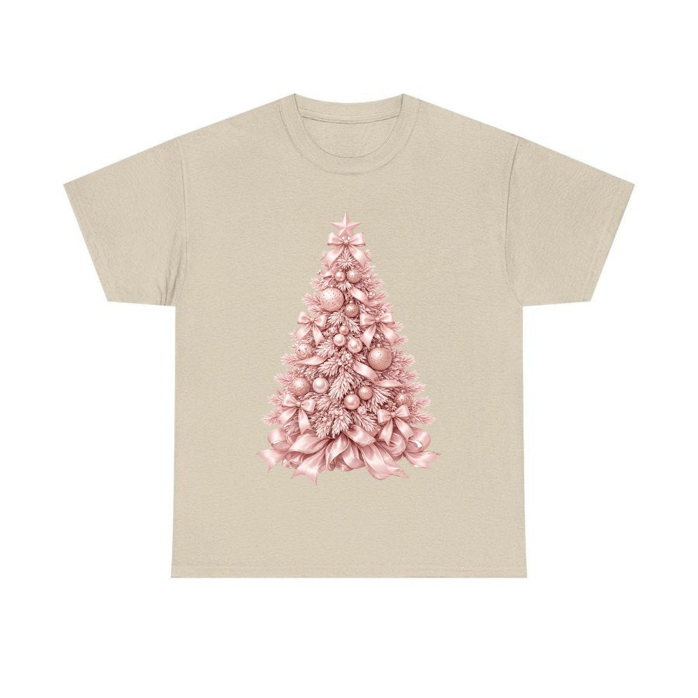 Blush Pink Christmas Tree personalised Christmas T-shirt in sand