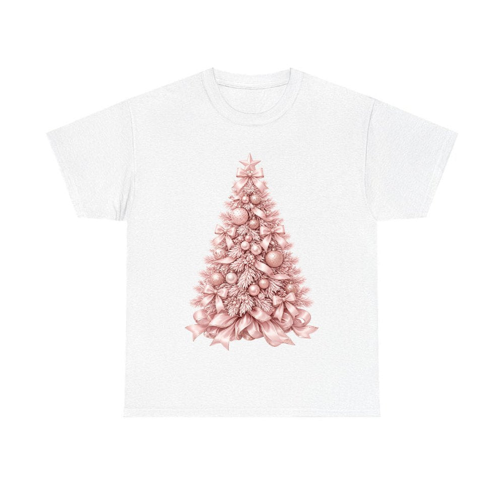 Blush Pink Christmas Tree personalised Christmas T-shirt in white
