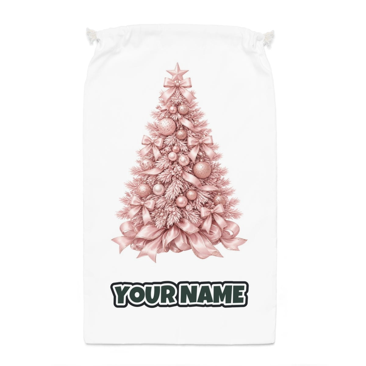 Blush Pink Christmas Tree Santa sack laid flat, showing the full print