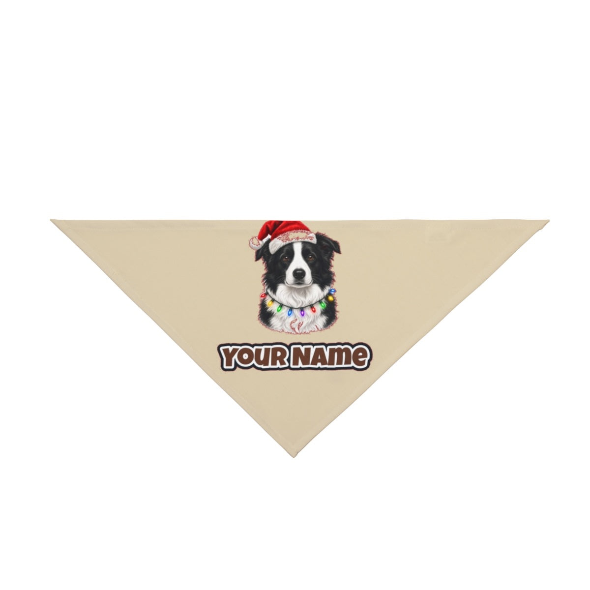 Border Collie in Fairy Lights personalised Christmas pet bandana in beige, tie-on style