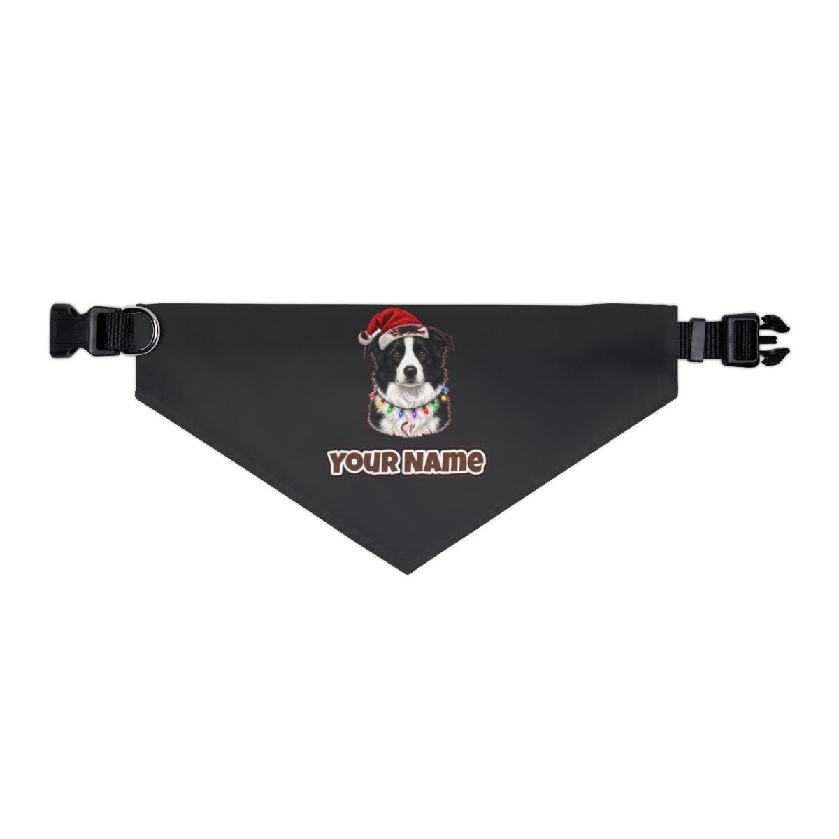 Border Collie in Fairy Lights personalised Christmas pet bandana in black, collar with buckle