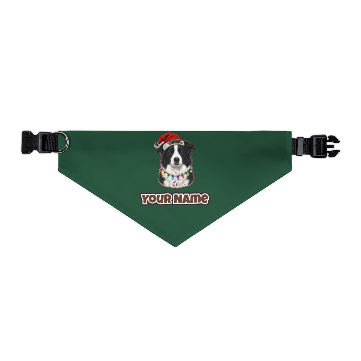 Border Collie in Fairy Lights personalised Christmas pet bandana in green, collar with buckle