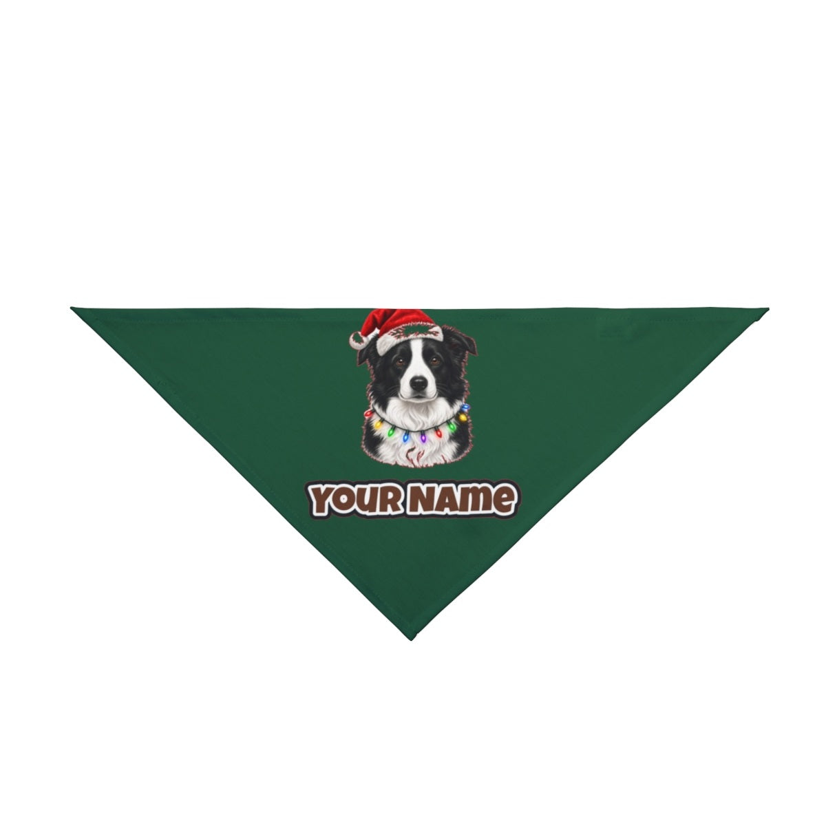 Border Collie in Fairy Lights personalised Christmas pet bandana in green, tie-on style