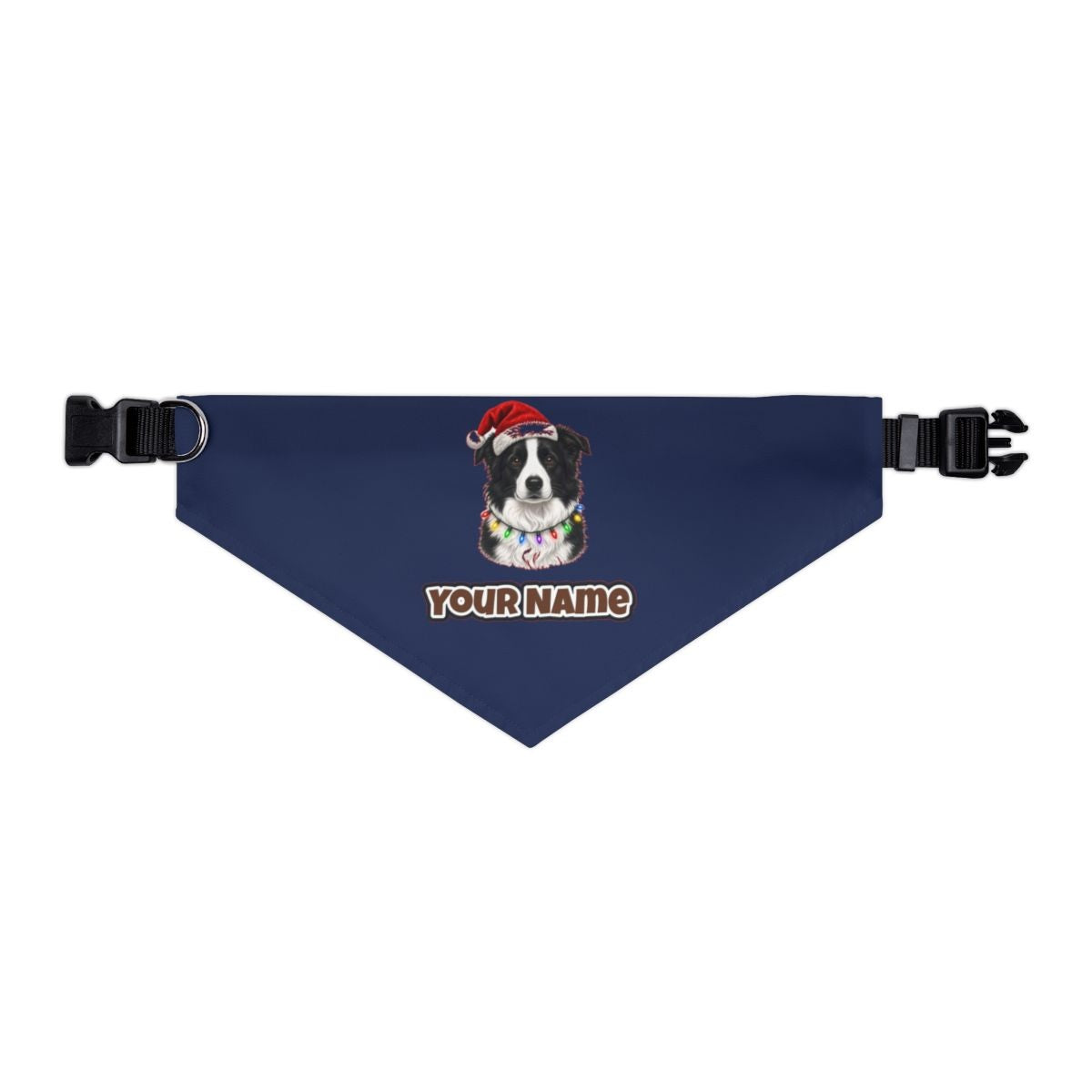 Border Collie in Fairy Lights personalised Christmas pet bandana in navy, collar with buckle
