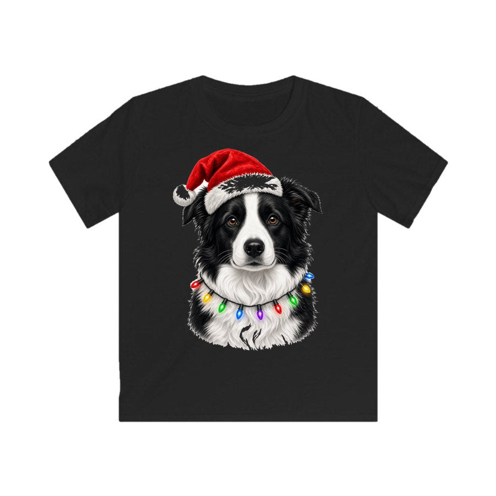 Border Collie in Fairy Lights personalised kids Christmas tee in black