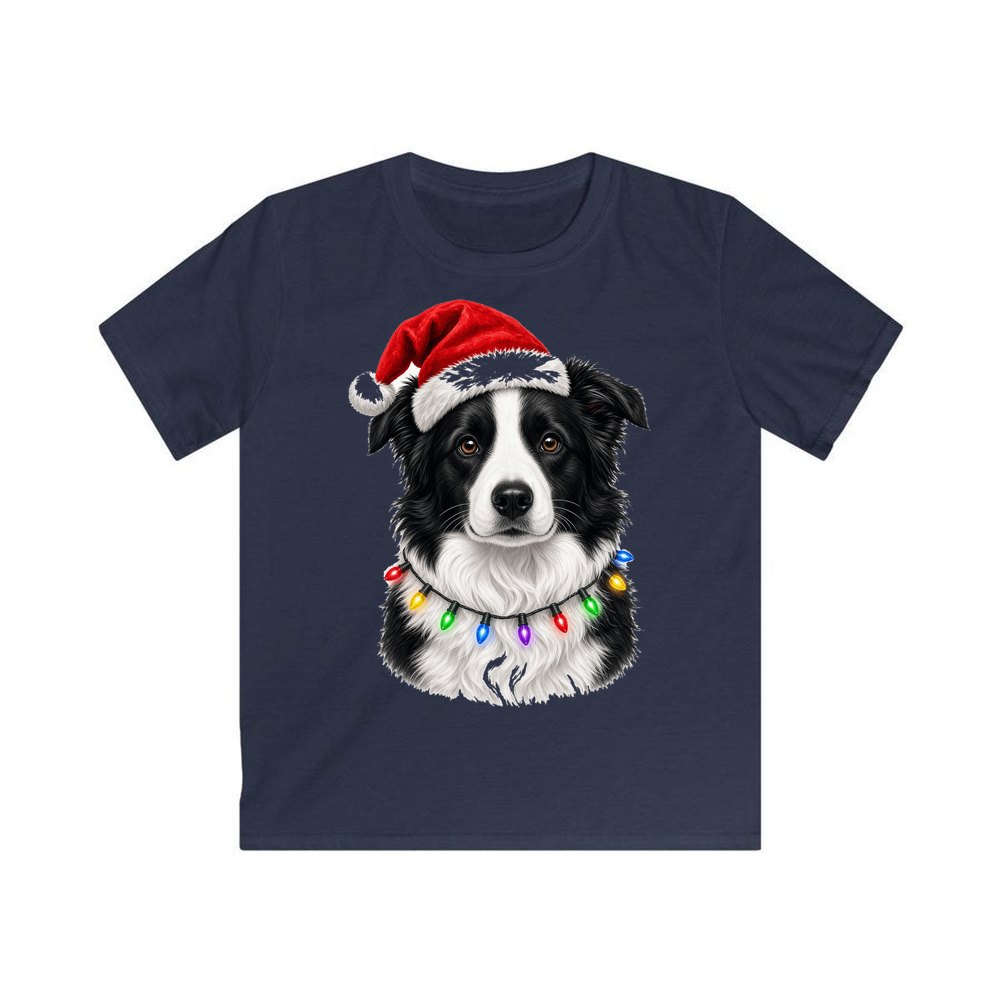 Border Collie in Fairy Lights personalised kids Christmas tee in navy