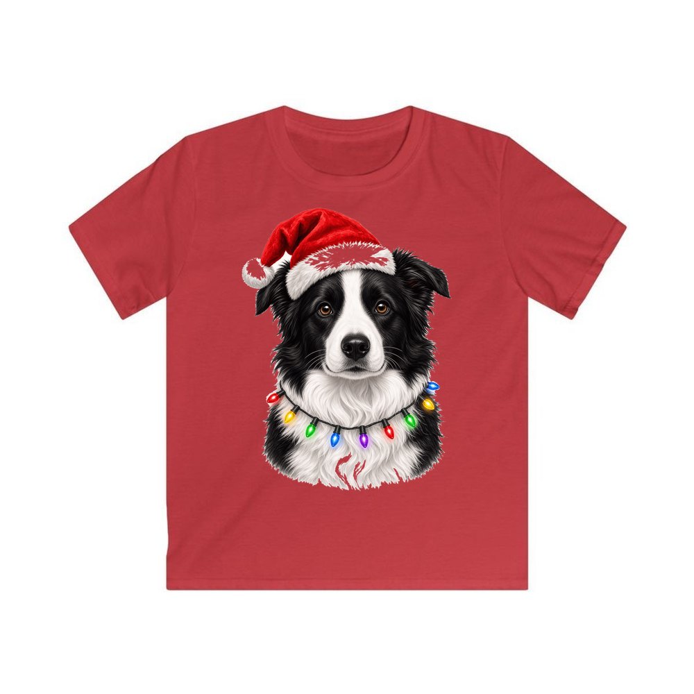 Border Collie in Fairy Lights personalised kids Christmas tee in red
