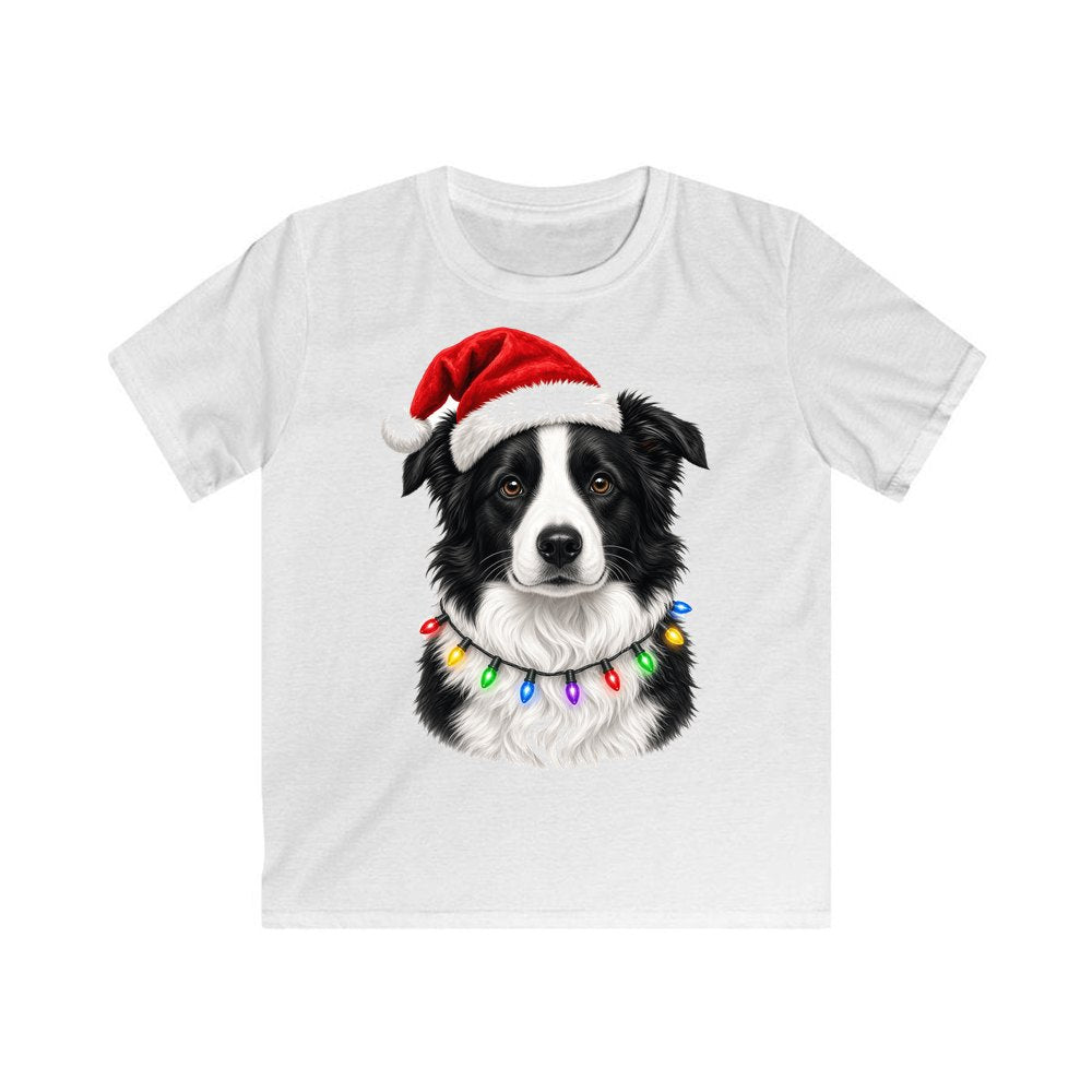 Border Collie in Fairy Lights personalised kids Christmas tee in white