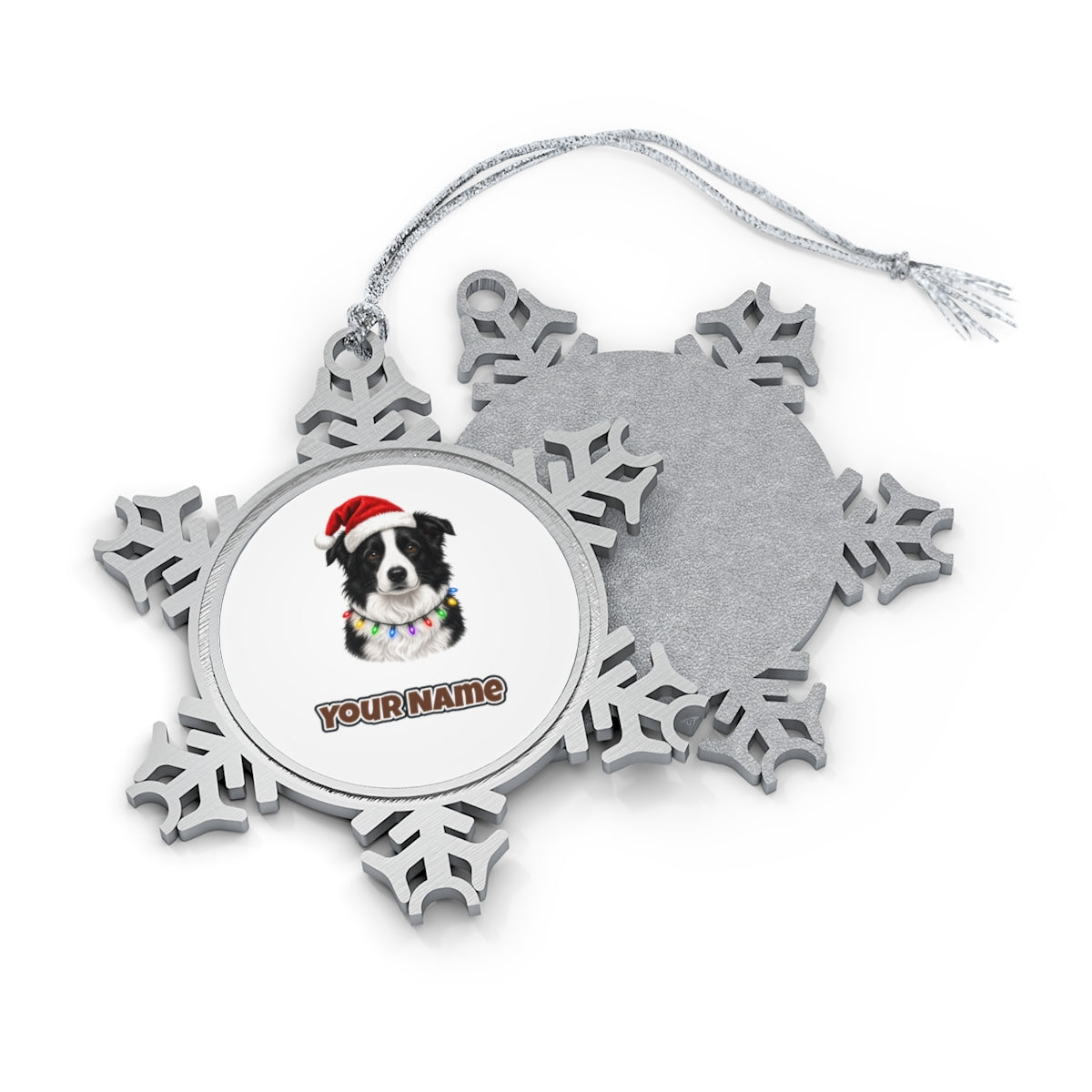 Border Collie in Fairy Lights Personalised Pewter Christmas Ornament