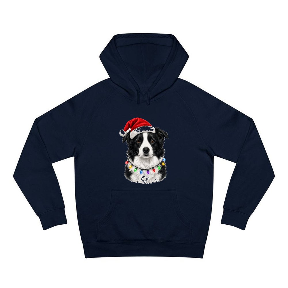Border Collie in Fairy Lights personalised Christmas hoodie in navy