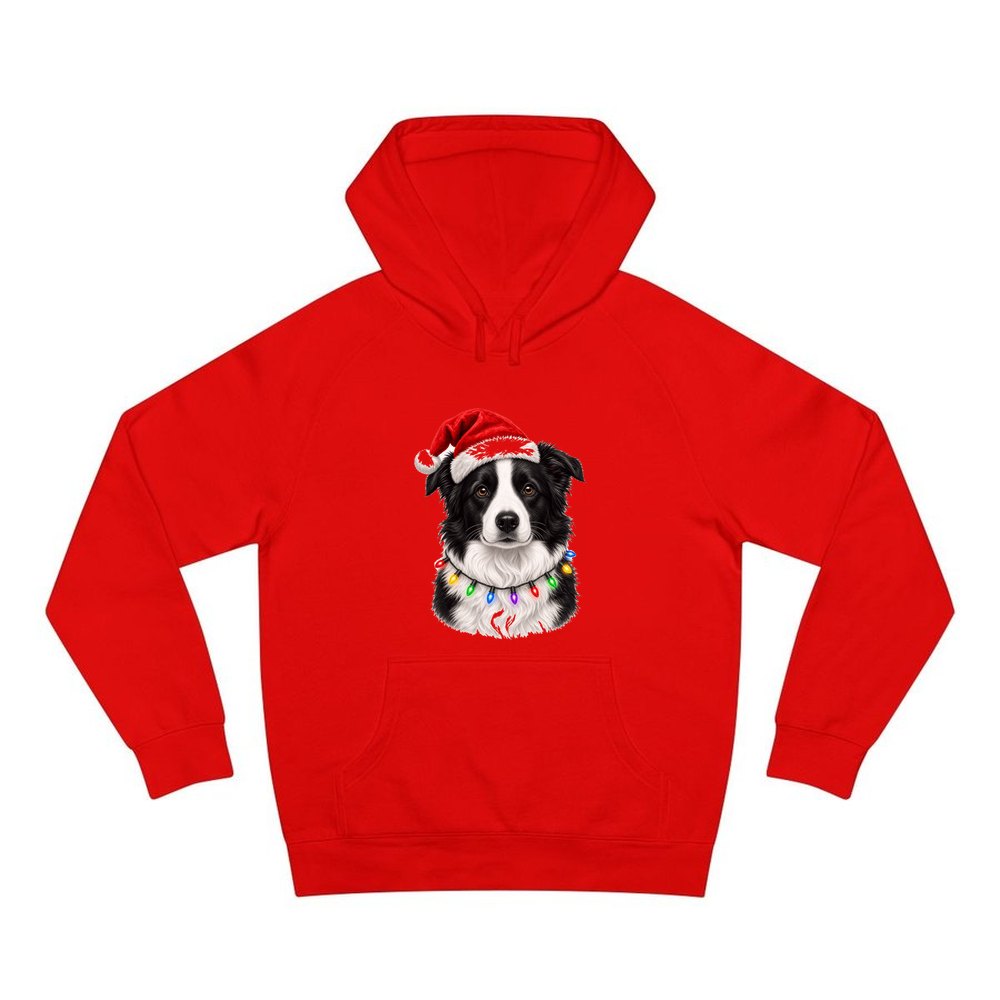 Border Collie in Fairy Lights personalised Christmas hoodie in red